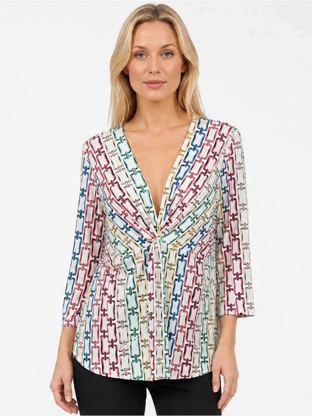 Studio by JPR Multicolor Chain Link Print Deep V-Neck 3/4 Sleeve Blouse Size XL